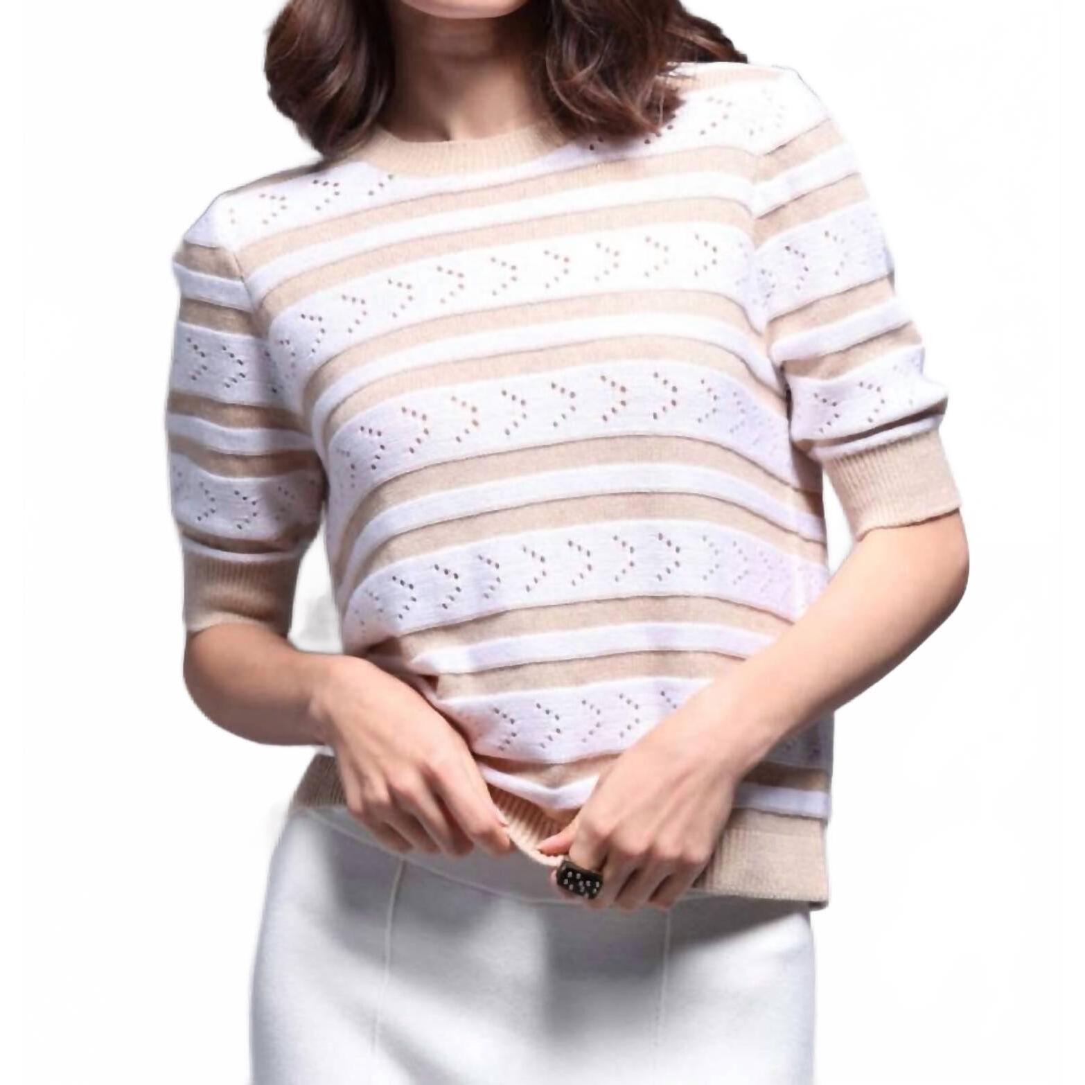 New Minnie Rose Cotton Cashmere Striped Pointelle Short Sleeve Crew Top In Brown